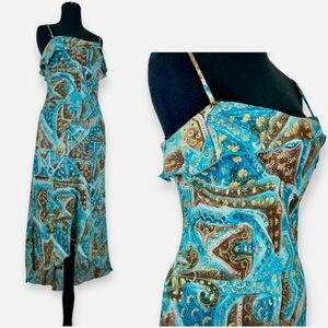 Vintage Y2K Asymmetric Hem Midi Slip Dress Medium Turquoise Brown Paisley Ruffle